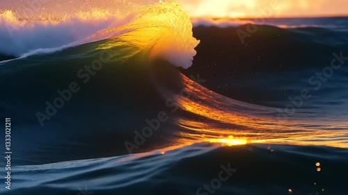 Captivating sunset wave with golden hues crashing against the shore, creating a serene coastal scene