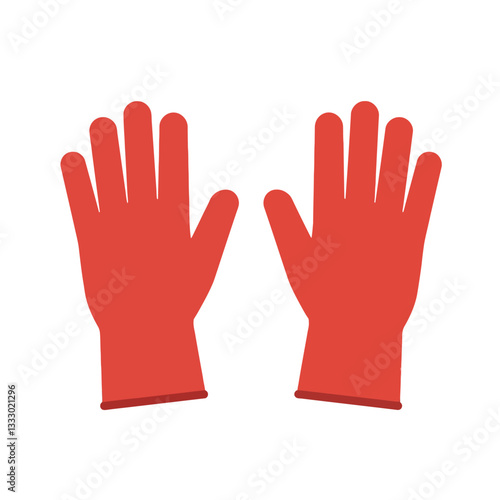 Red rubber gloves in a flat design style, ideal for cleaning tasks and household chores, showcasing a bright and cheerful atmosphere in vector illustration