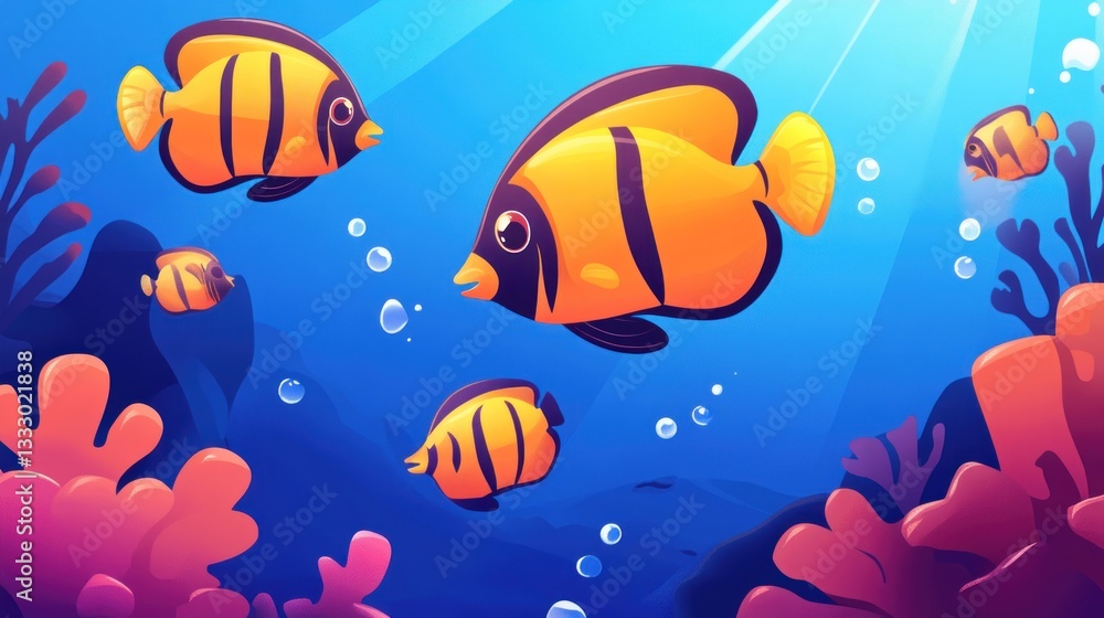 Naklejka premium Vibrant underwater landscape featuring cartoon fish and coral reef depiction
