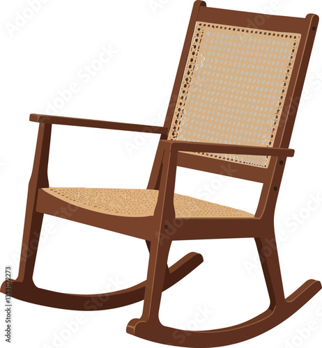 Wooden rocking chair with woven seating in a flat, minimalist design, perfect for cozy home decor, vector illustration