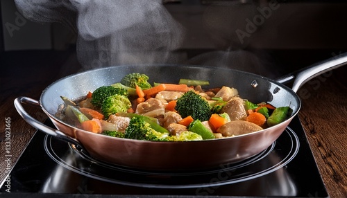 steaming pan of sauteed vegetables and meat on stovetop