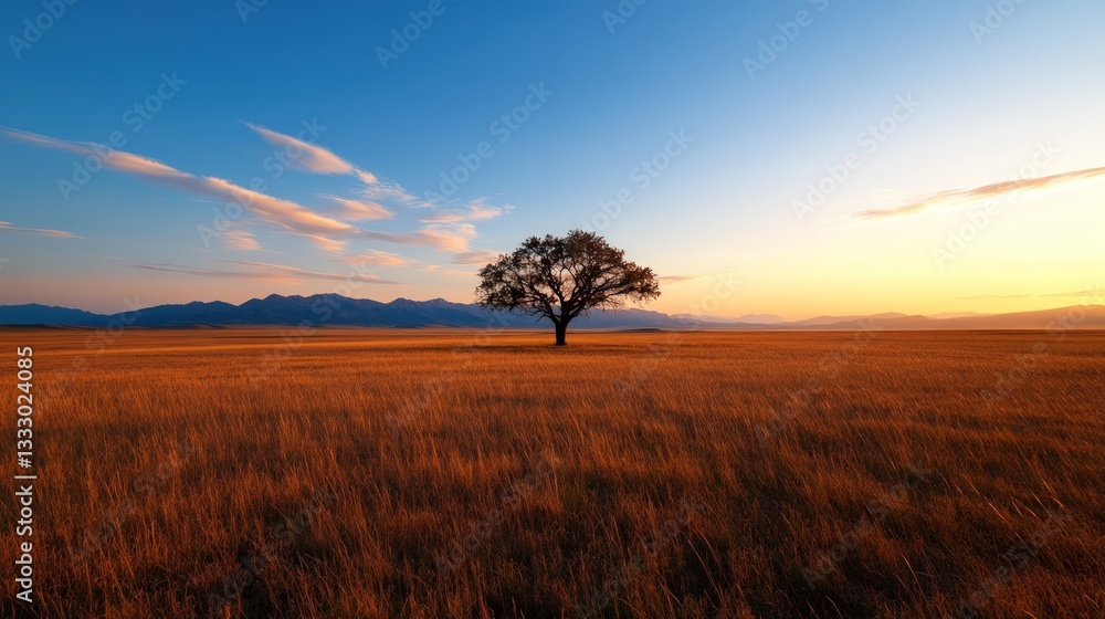 Fototapeta premium Solitary tree in golden field at sunrise