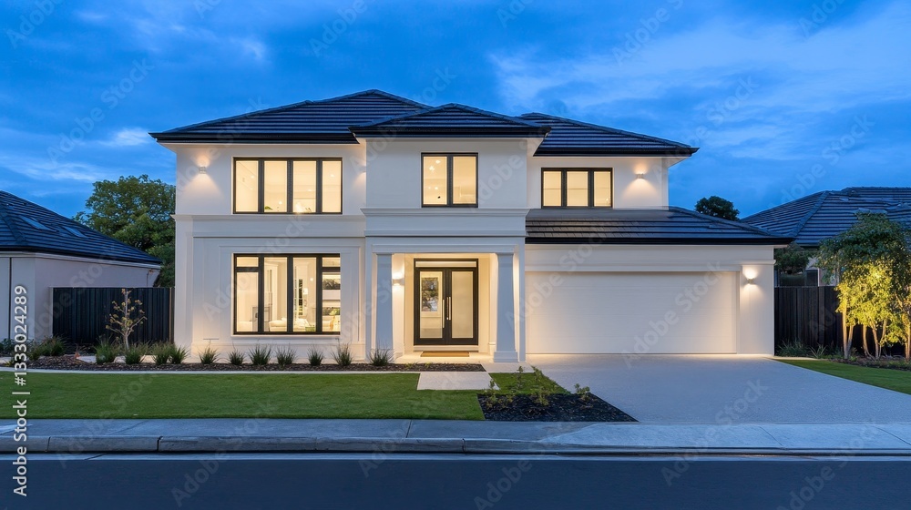 Modern suburban house with elegant architecture, well-lit exterior, and serene evening ambiance Modern suburban house with elegant architecture, well-lit exterior, and serene evening ambiance