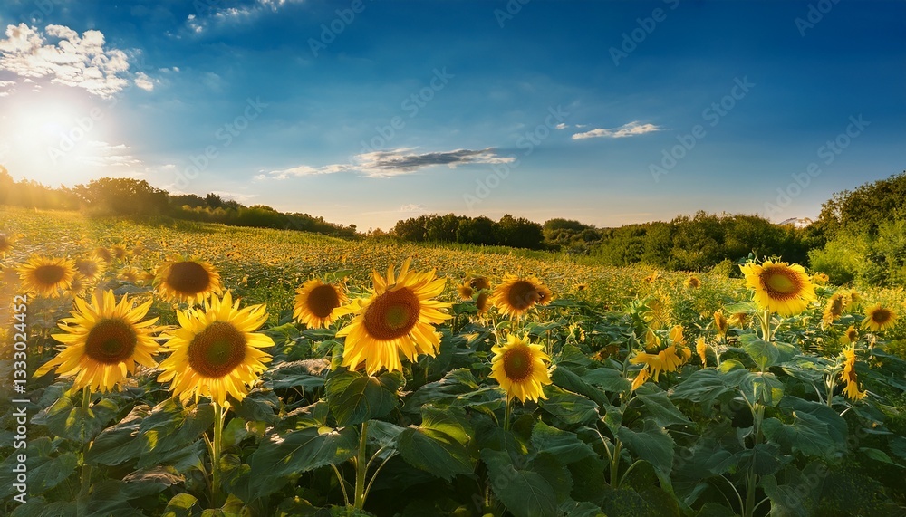Fototapeta premium vibrant sunflowers blooming in a lush field at summertime