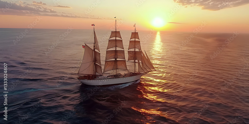 Fototapeta premium Tall Ship with Billowing Sails Gliding Across Calm Sunset Waters 