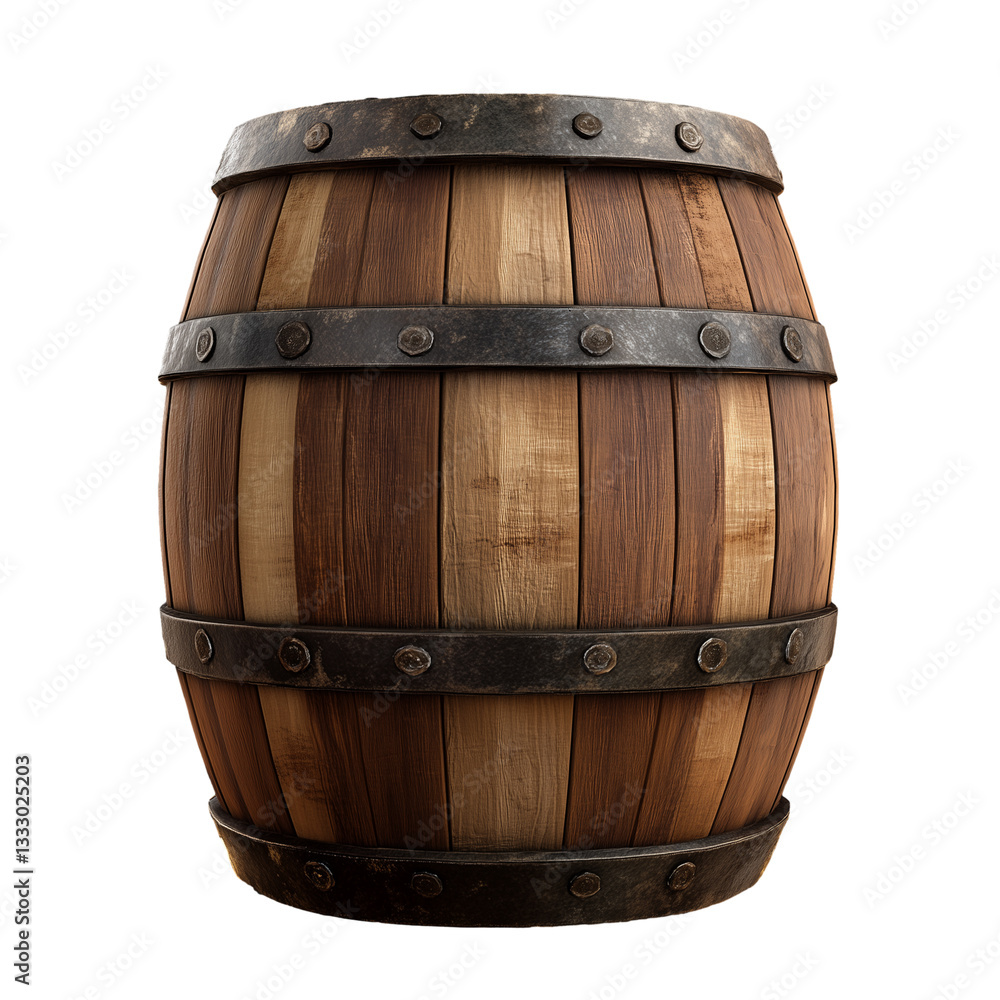 Obraz premium Aged oak barrel for wine, beer, whiskey, or rum storage, isolated on a white background