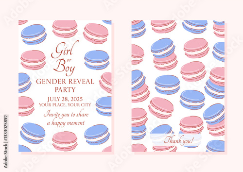 Girl or boy invitation, gender reveal party. Blue and pink macarons background, front and back side pattern. Hand drawn vector flat illustration, set of a4 vertical posters for happy moment