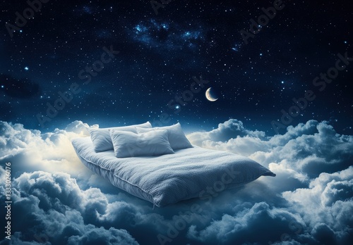 A cozy bed floats among ethereal clouds under a starlit night sky.