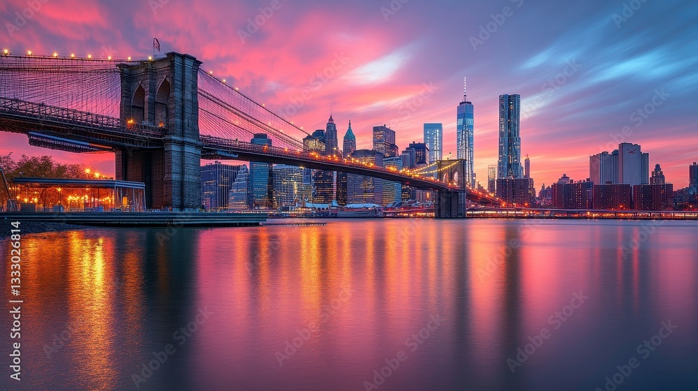 Fototapeta premium Stunning sunset over brooklyn bridge city urban landscape vibrant colors scenic view city life