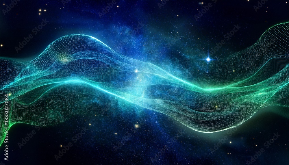 Obraz premium abstract cosmic nebula with glowing blue and green wave particles and glittering stardust