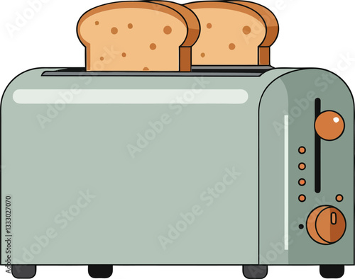 A retro-style toaster with two slices of toast popping up, featuring a flat design and soft pastel colors, ideal for kitchen decor vector art