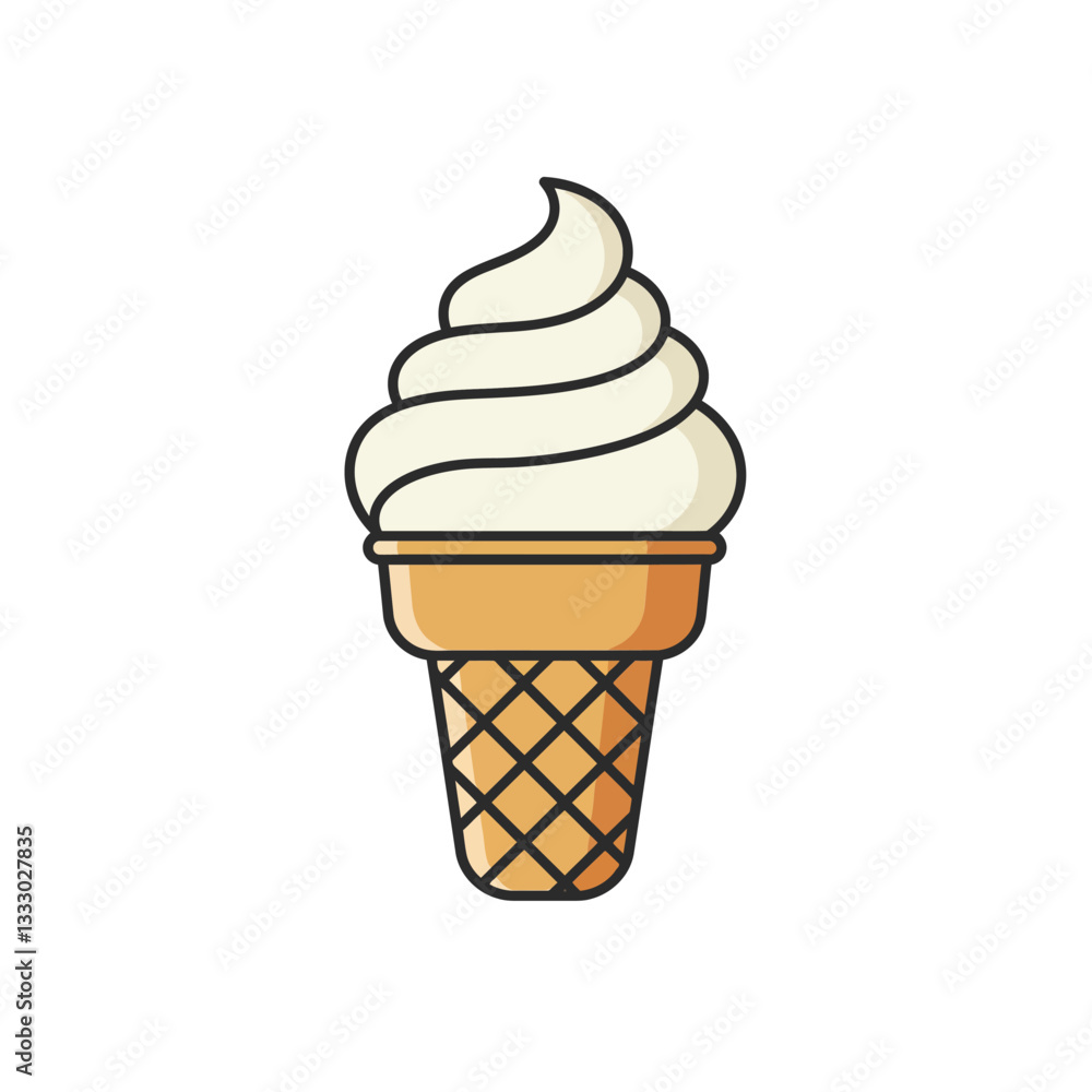 Creamy soft-serve ice cream cone in a minimal flat design style featuring a classic waffle cone and swirls of vanilla ice cream vector art Creamy soft-serve ice cream cone in a minimal flat design style featuring a classic waffle cone and swirls of vanilla ice cream vector art