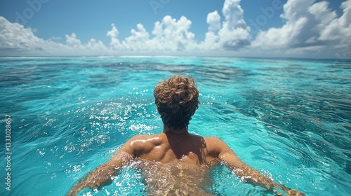 Embracing the Azure: Man swimming in the turquoise ocean waters blissfully