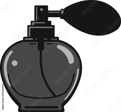 Stylish black perfume bottle in flat design showcasing elegance and sophistication in a minimal aesthetic of vector art