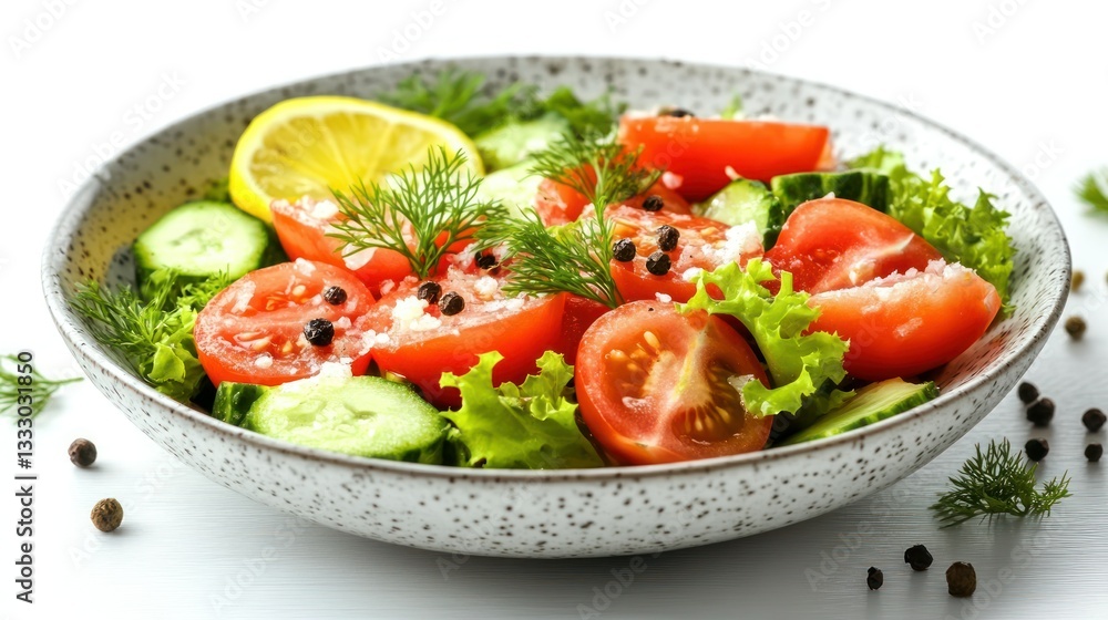 Fresh, vibrant vegetable salad with tomatoes, cucumbers, and lettuce. A light and healthy meal, garnished with fresh herbs, lemon, and seasonings Fresh, vibrant vegetable salad with tomatoes, cucumbers, and lettuce. A light and healthy meal, garnished with fresh herbs, lemon, and seasonings