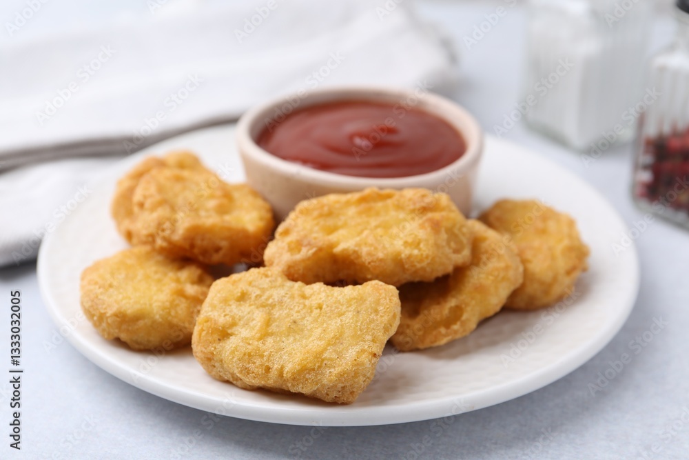 Tasty chicken nuggets with sauce on light table, closeup Tasty chicken nuggets with sauce on light table, closeup