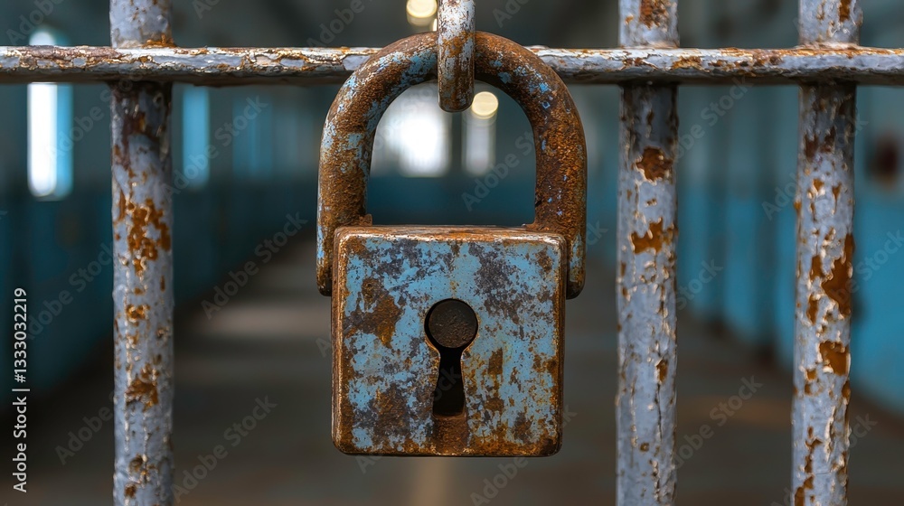 Locked padlock on rusty jail bars abandoned prison interior photography industrial setting close-up security
