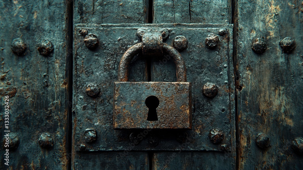 Securing secrets with a rusty padlock ancient door photo dark environment close-up view vintage concept Securing secrets with a rusty padlock ancient door photo dark environment close-up view vintage concept