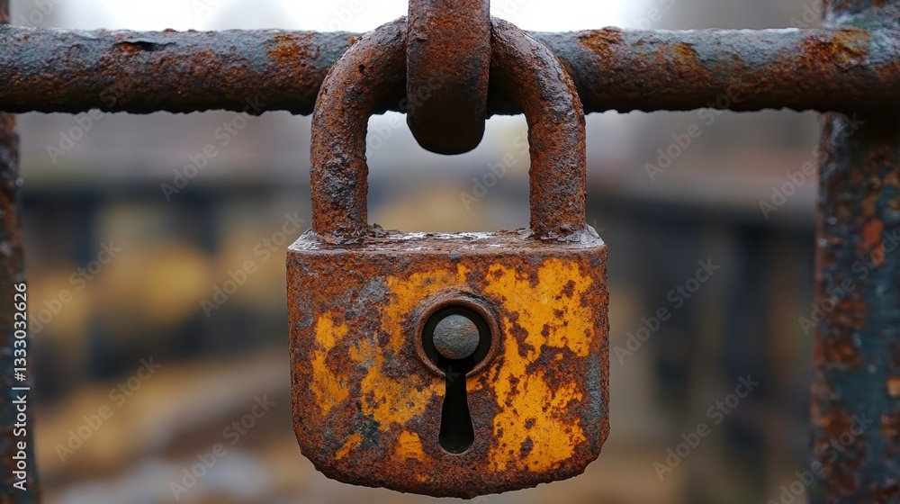 Securing the past rusty lock on a forgotten gate urban setting macro photography abandoned environment Securing the past rusty lock on a forgotten gate urban setting macro photography abandoned environment