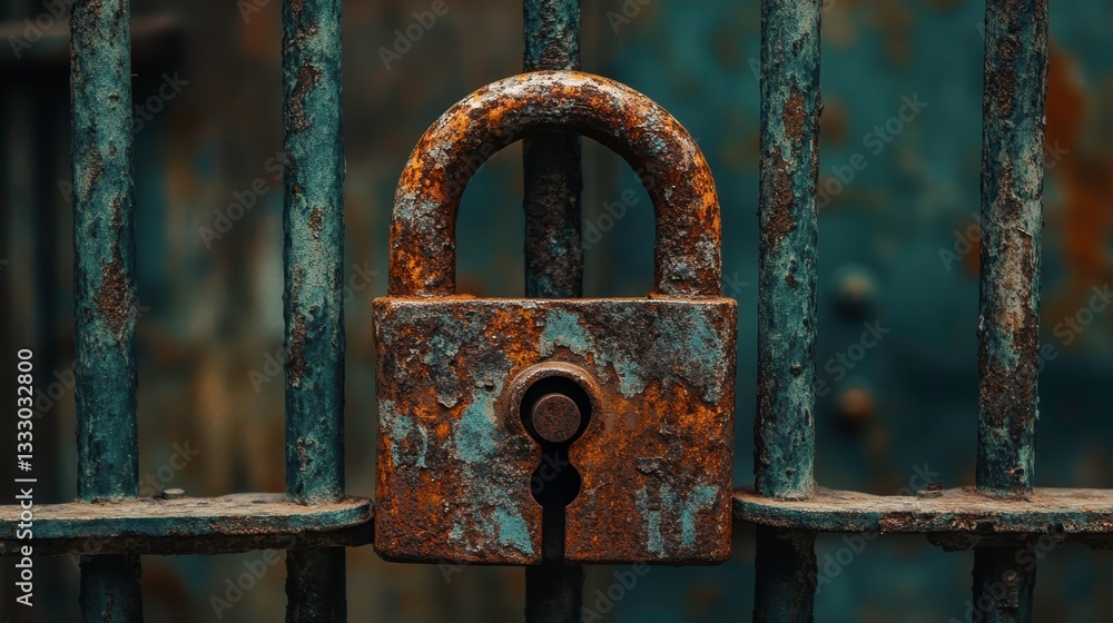 Rusty padlock on old metal gate urban area close-up photography industrial environment macro view security concept Rusty padlock on old metal gate urban area close-up photography industrial environment macro view security concept