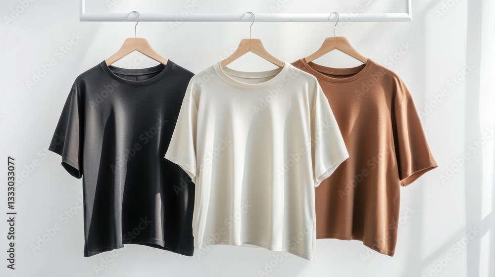 Three plain t-shirts in black, beige, and brown hanging on wooden hangers against a white wall. Three plain t-shirts in black, beige, and brown hanging on wooden hangers against a white wall.
