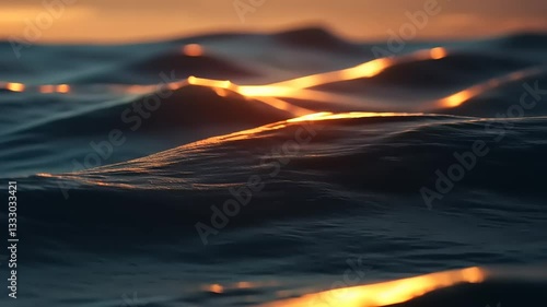 Serene ocean waves reflecting golden sunset hues, creating a tranquil atmosphere at dusk