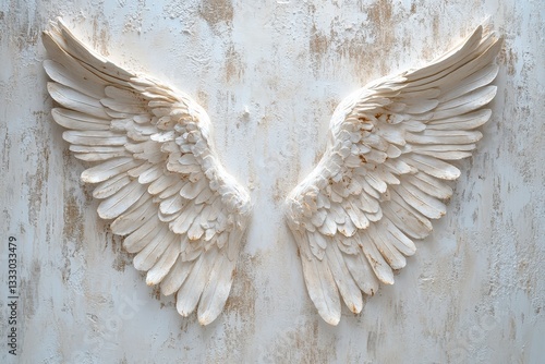 Two decorative sculpted white wings on a textured wall