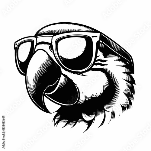 Cool Parrot Head Wearing Sunglasses in Black and White Vector Illustration