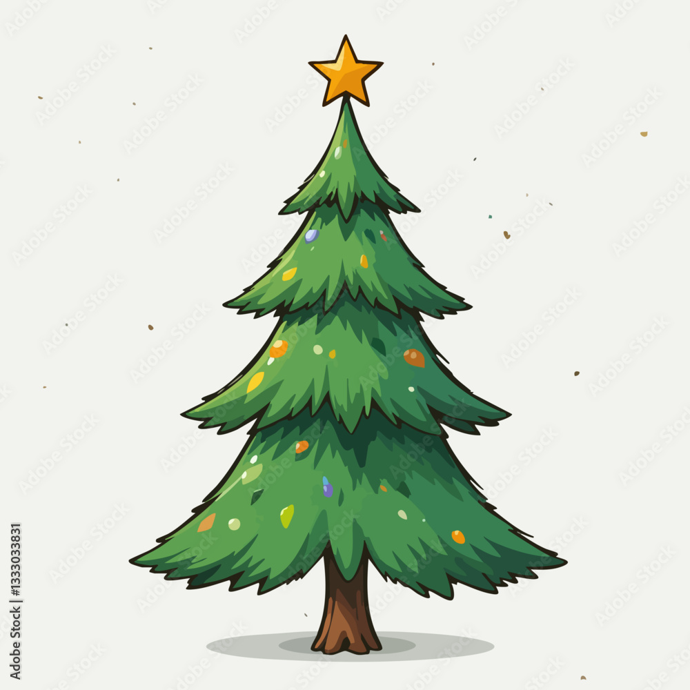 Fototapeta premium Decorated Evergreen Tree with Star. Vector image