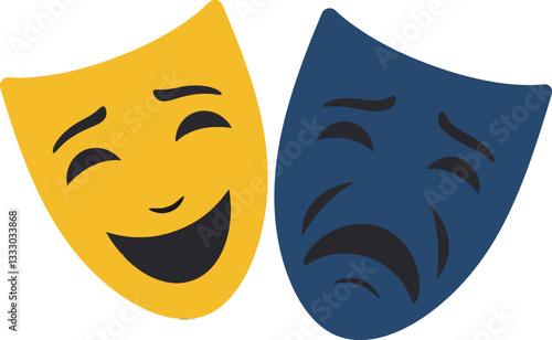 Two expressive theater masks in flat design showcasing joy and sadness, vibrant colors, symbolizing the emotional spectrum in vector art