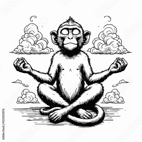 Monkey Meditating in Lotus Pose Vector Illustration in Detailed Black and White Line Art