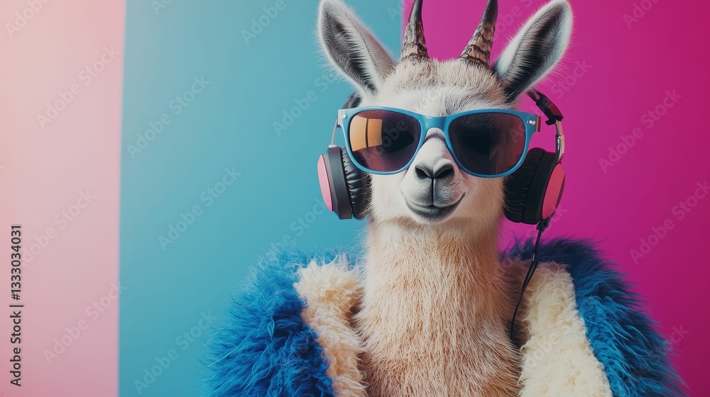 Fototapeta premium Hip llama wearing sunglasses and listening music.