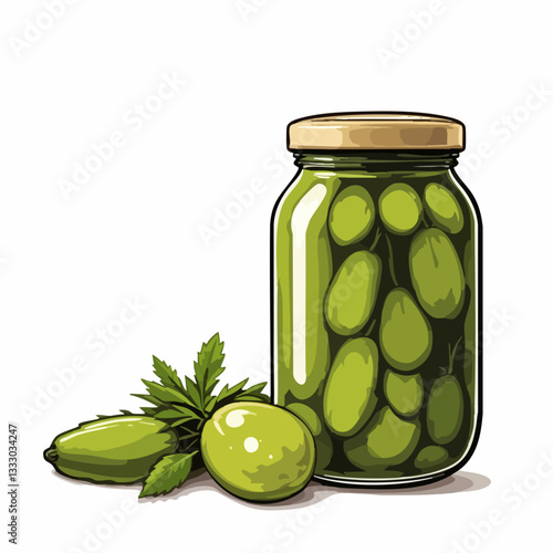 Glass Jar of Pickled Green Vegetables and Fresh Produce. Vector image