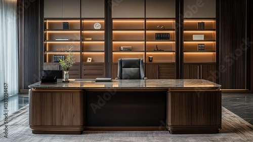 High-end office decor with a commanding L-shaped desk, dark wood, and a luxurious marble top