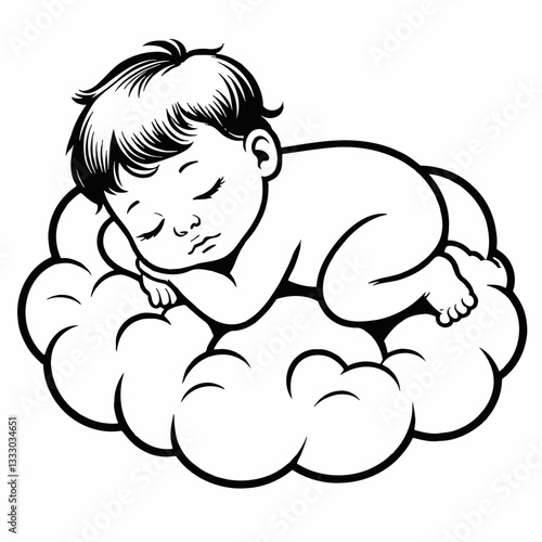 Cute Baby Sleeping Peacefully on Cloud Illustration in Black and White Vector
