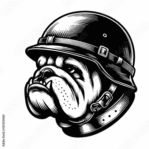 Bulldog Wearing Military Helmet Vector Illustration in Black and White Style
