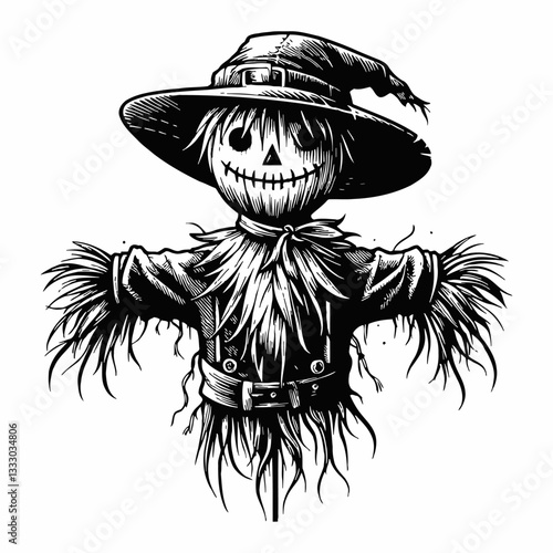Monochrome Halloween Scarecrow in Hat with Smiling Face Illustration