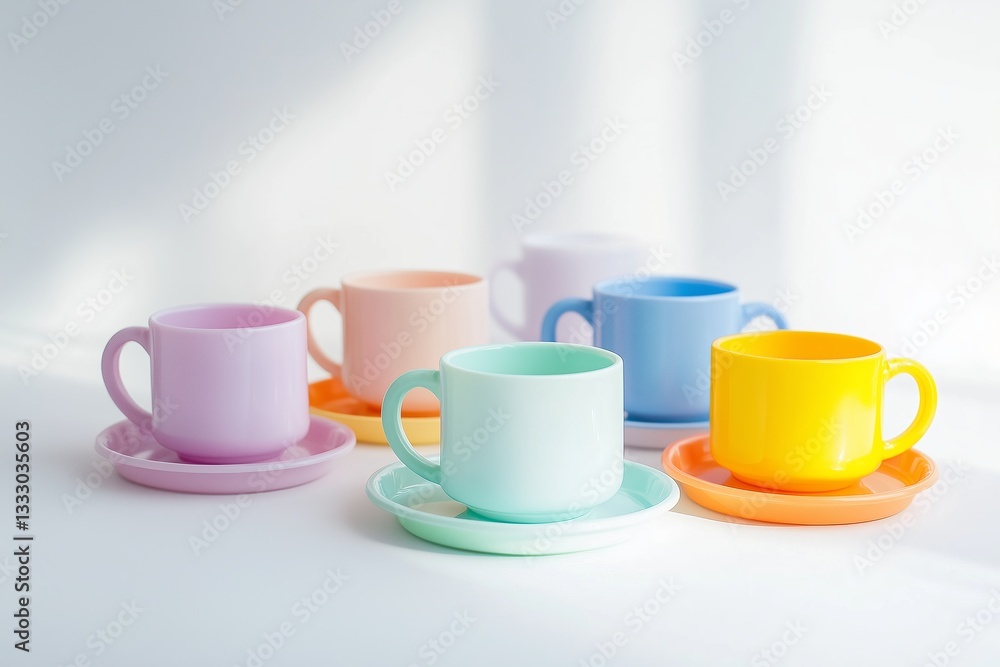 multi-colored cups and plates on a white background kitchen set multi-colored cups and plates on a white background kitchen set