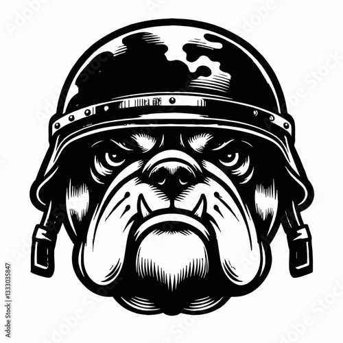 Bulldog wearing a military helmet vector illustration in monochrome isolated on white background