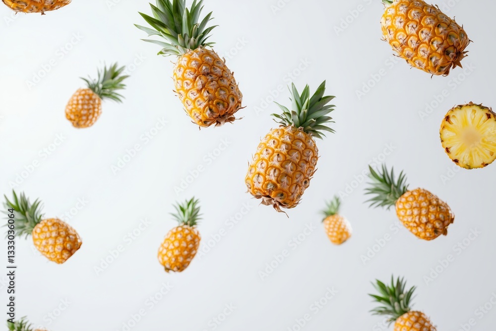 pineapple falling from above over isolated white background pineapple falling from above over isolated white background