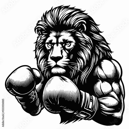 Lion Boxer Illustration in Black and White Vector Artwork with Boxing Gloves