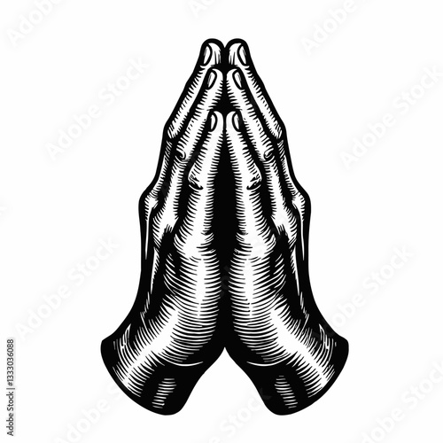 Engraving Illustration of Hands in Praying Position in Black and White