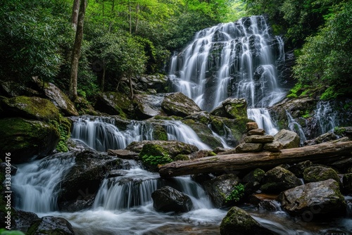 Majestic waterfall cascading down mossy rocks in lush forest photo