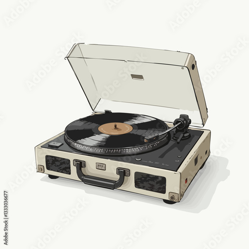 Vintage Record Player with Lid Open and Vinyl. Vector image
