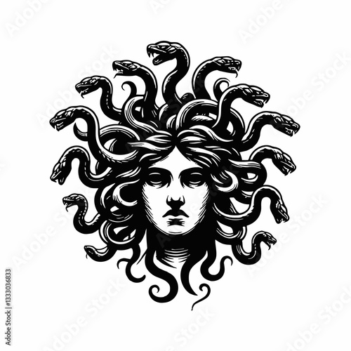 Medusa Head with Snakes Black and White Vector Illustration Isolated