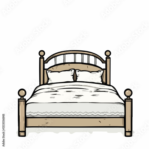 Wooden Bed with Pillows and Blanket Illustration. Vector image
