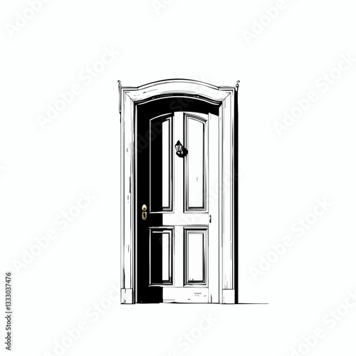 Arched Doorway with Paneling and Door Knob. Vector image
