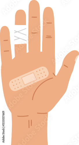 A hand with visible injuries showing a bandage and a gauze wrap in a flat vector illustration style, conveying a sense of care and healing through simplicity