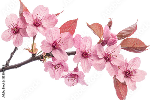Branch with delicate pink flowers and leaves, cut out transparent