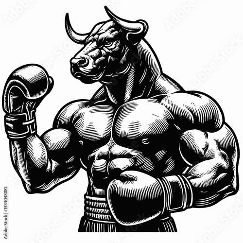 Illustration of a Muscular Bull Boxer with Boxing Gloves in Black and White Detailed Style